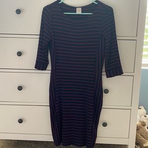 Navy Blue and Red Striped Form Fitting Knee-Length Dress (Never Worn)
